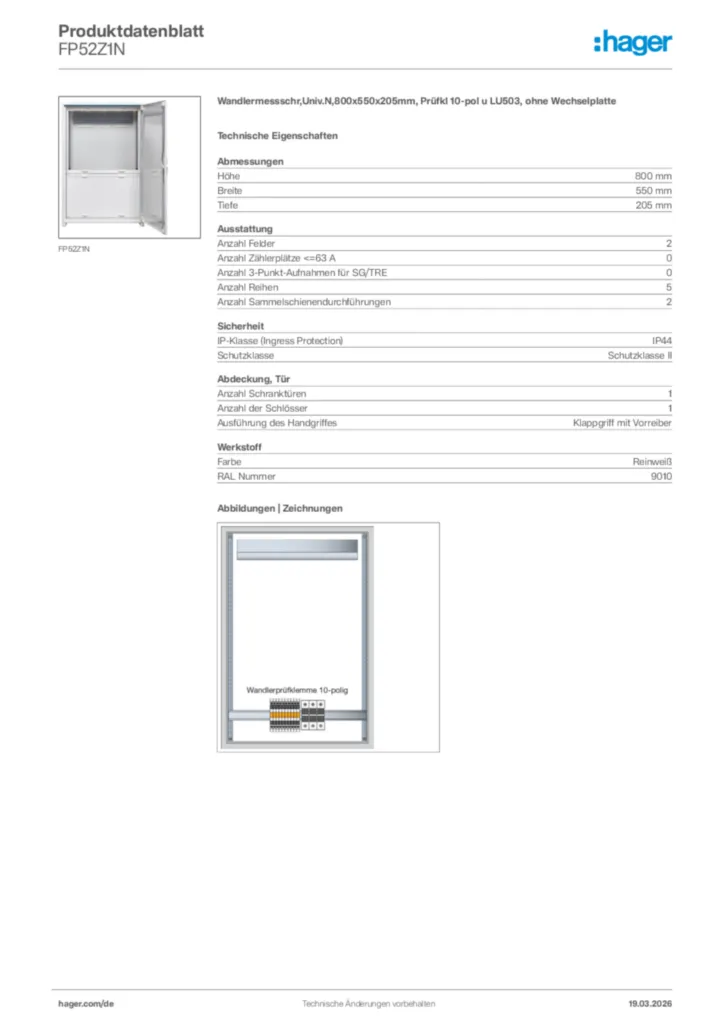 Bild Hager Produktdatenblatt FP52Z1N | Hager Deutschland