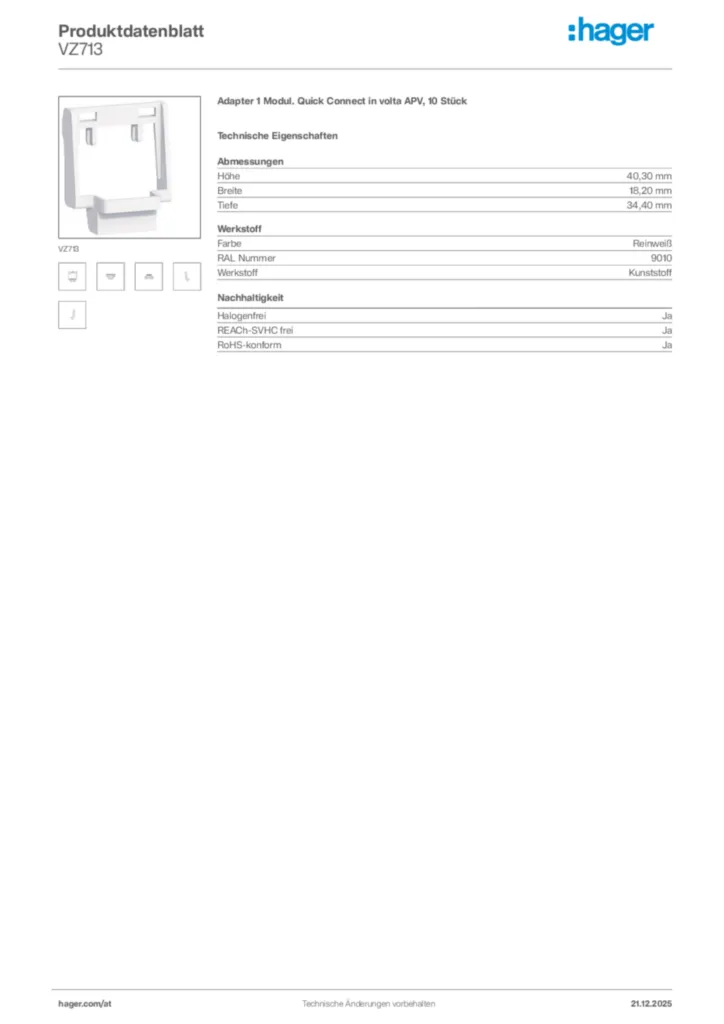 Bild Hager Produktdatenblatt VZ713 | Hager Deutschland