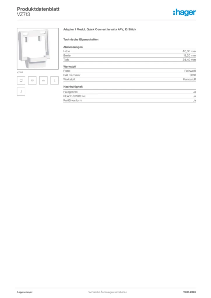 Bild Hager Produktdatenblatt VZ713 | Hager Deutschland