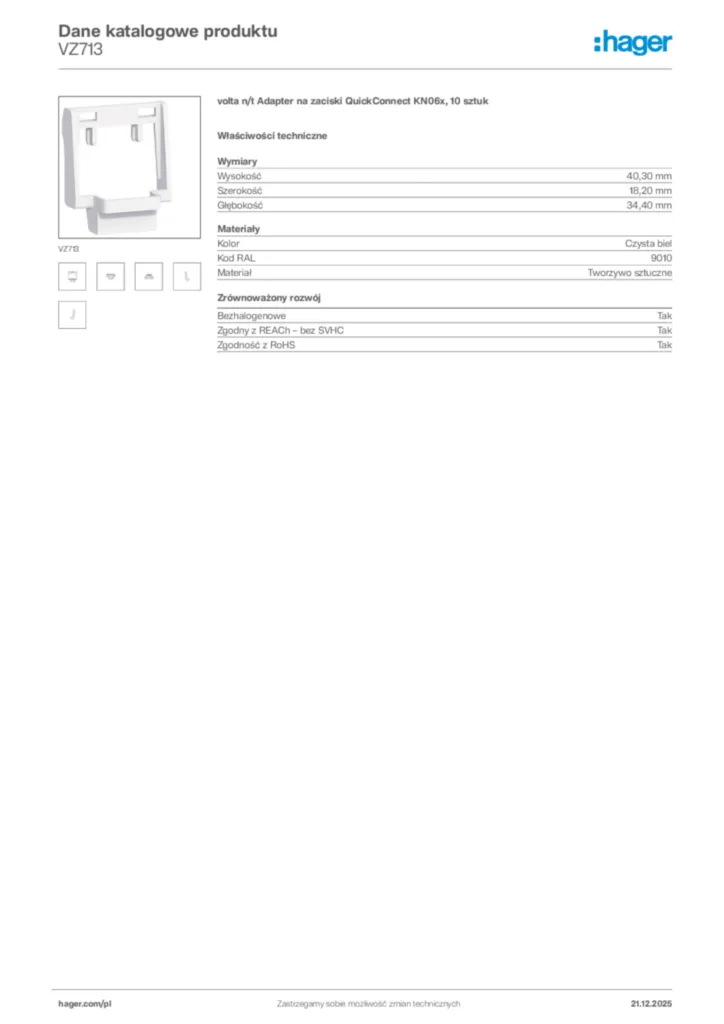 Zdjęcie Hager Dane katalogowe produktu VZ713 | Hager Polska