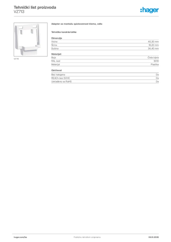 Slika Hager Tehnički list proizvoda VZ713  | Hager
