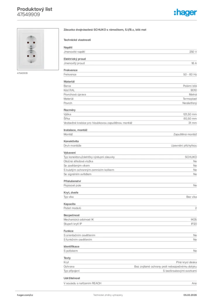 Obrázek Hager Product data sheet 47549909 | Hager