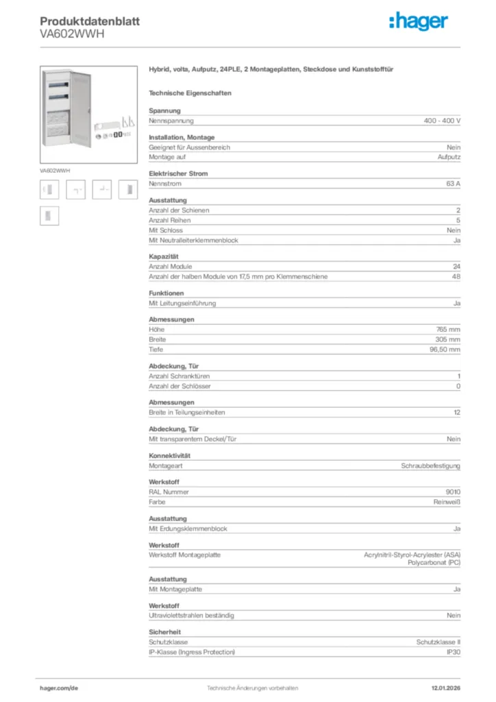 Bild Hager Produktdatenblatt VA602WWH | Hager Deutschland