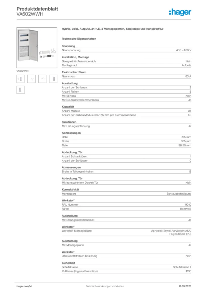 Bild Hager Produktdatenblatt VA602WWH | Hager Deutschland