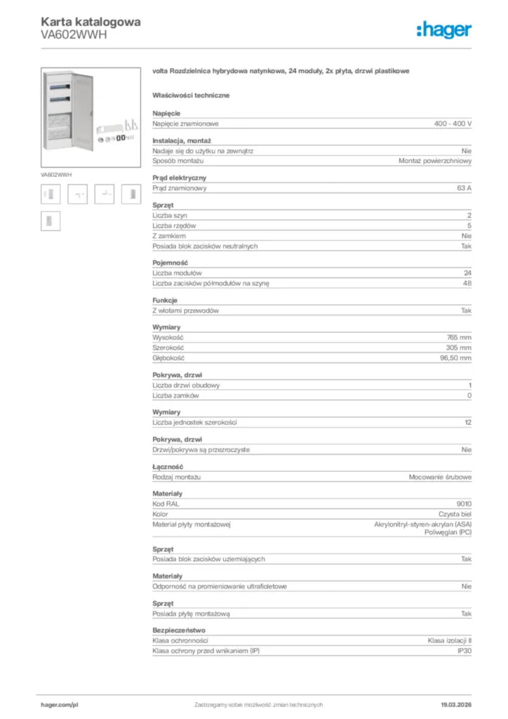 Zdjęcie Hager Karta katalogowa VA602WWH | Hager Polska
