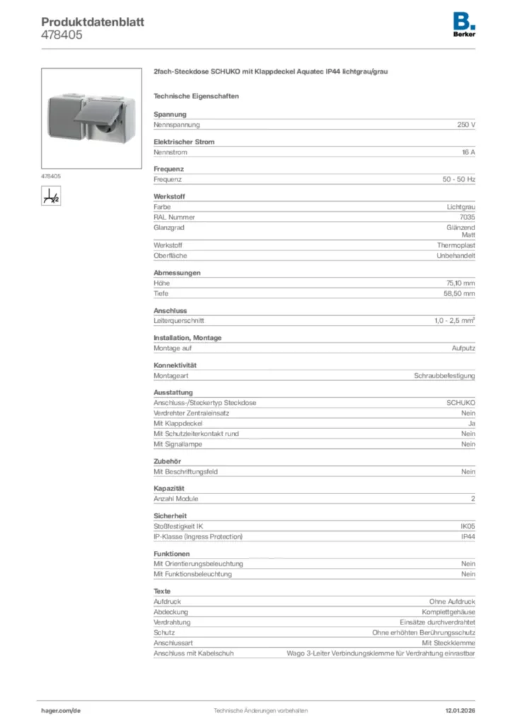 Bild Berker Produktdatenblatt 478405 | Hager Deutschland