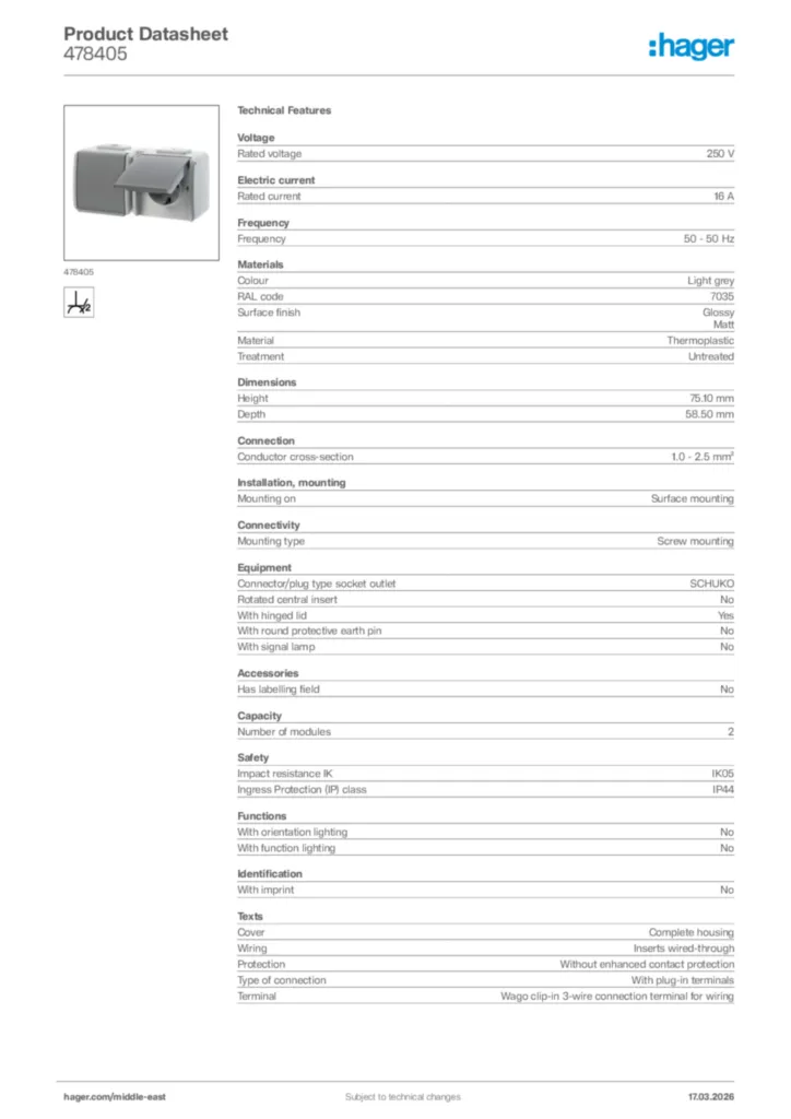 Image Hager Product data sheet 478405  | Hager