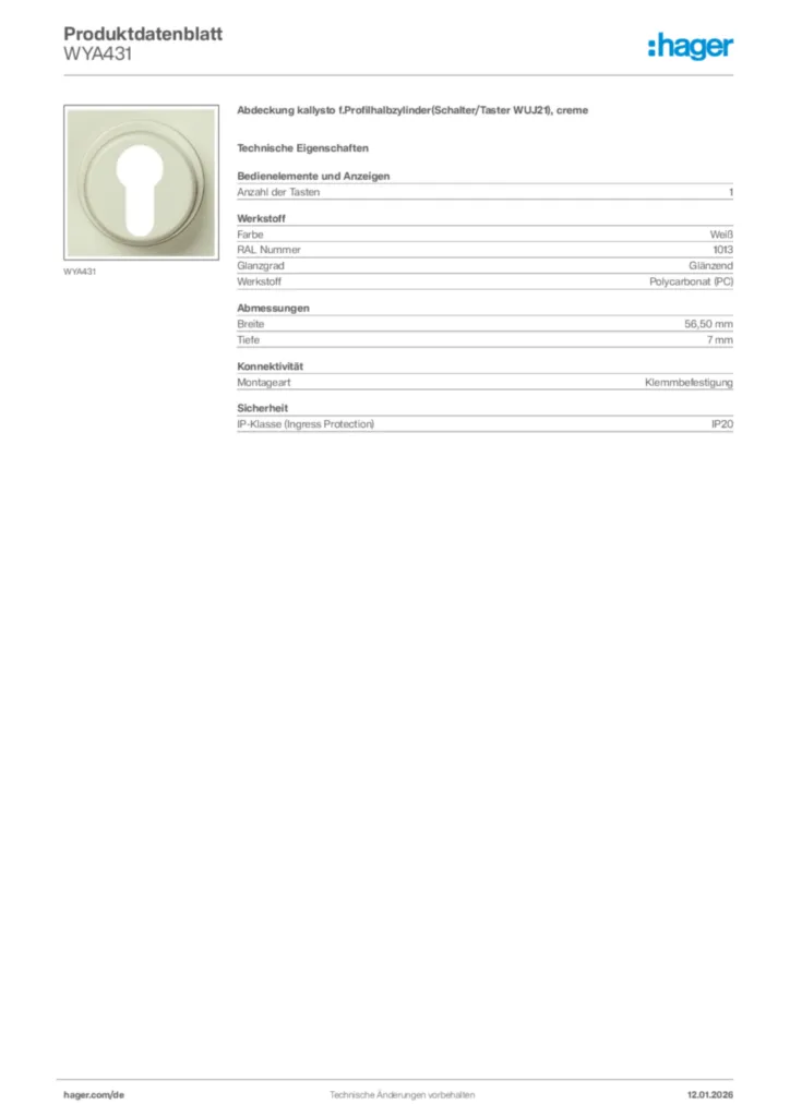 Bild Hager Produktdatenblatt WYA431 | Hager Deutschland