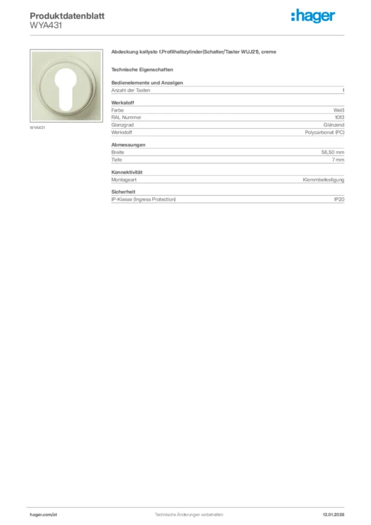 Bild Hager Produktdatenblatt WYA431 | Hager Deutschland