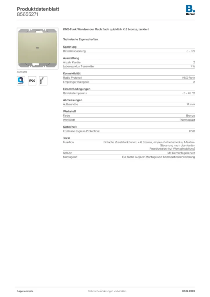 Bild Berker Produktdatenblatt 85655271 | Hager Deutschland