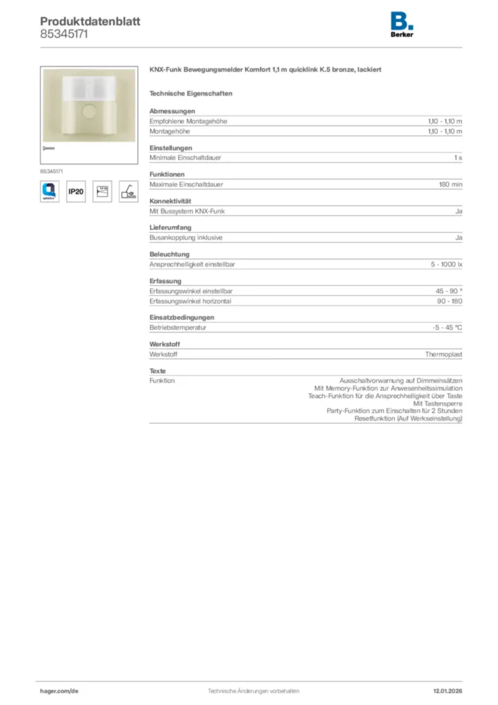 Bild Berker Produktdatenblatt 85345171 | Hager Deutschland