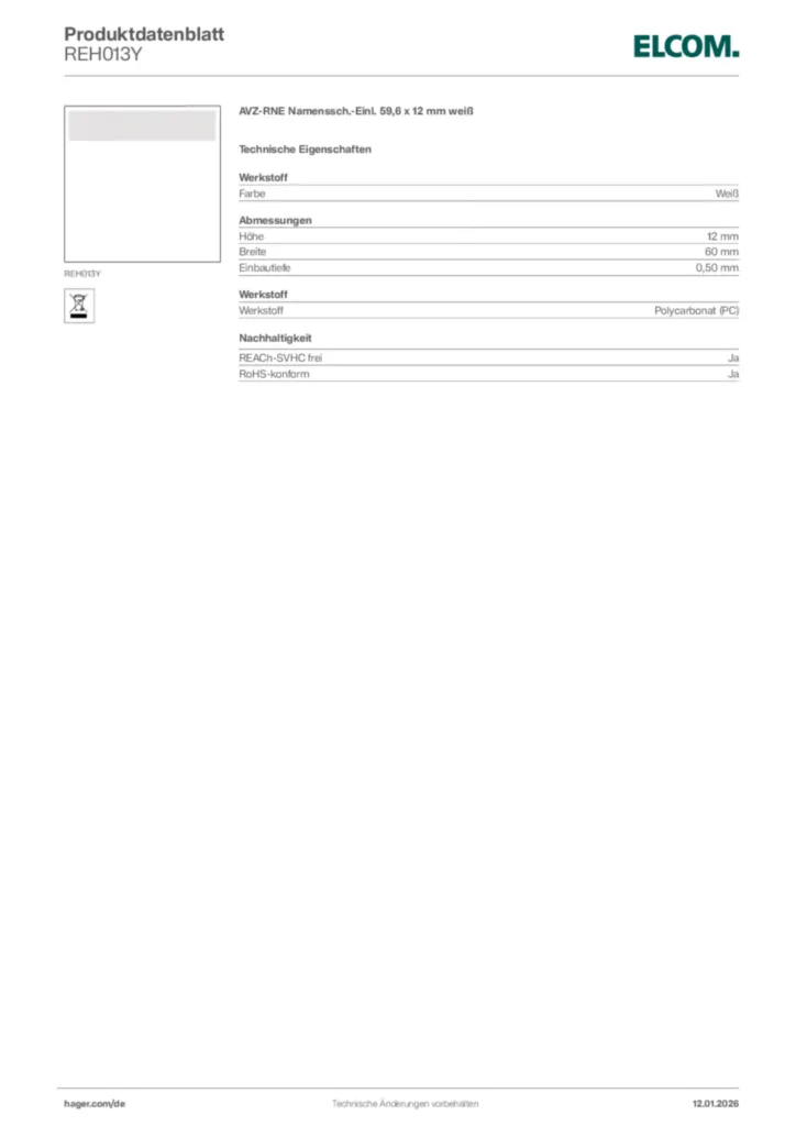 Bild Elcom Produktdatenblatt REH013Y | Hager Deutschland