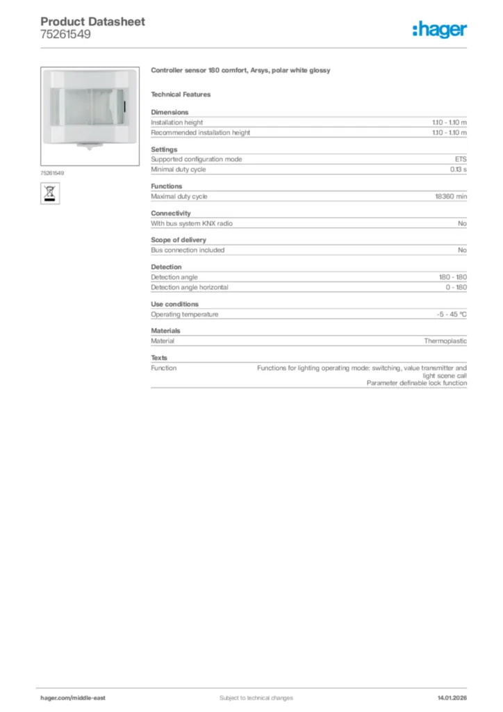 Image Hager Product data sheet 75261549  | Hager