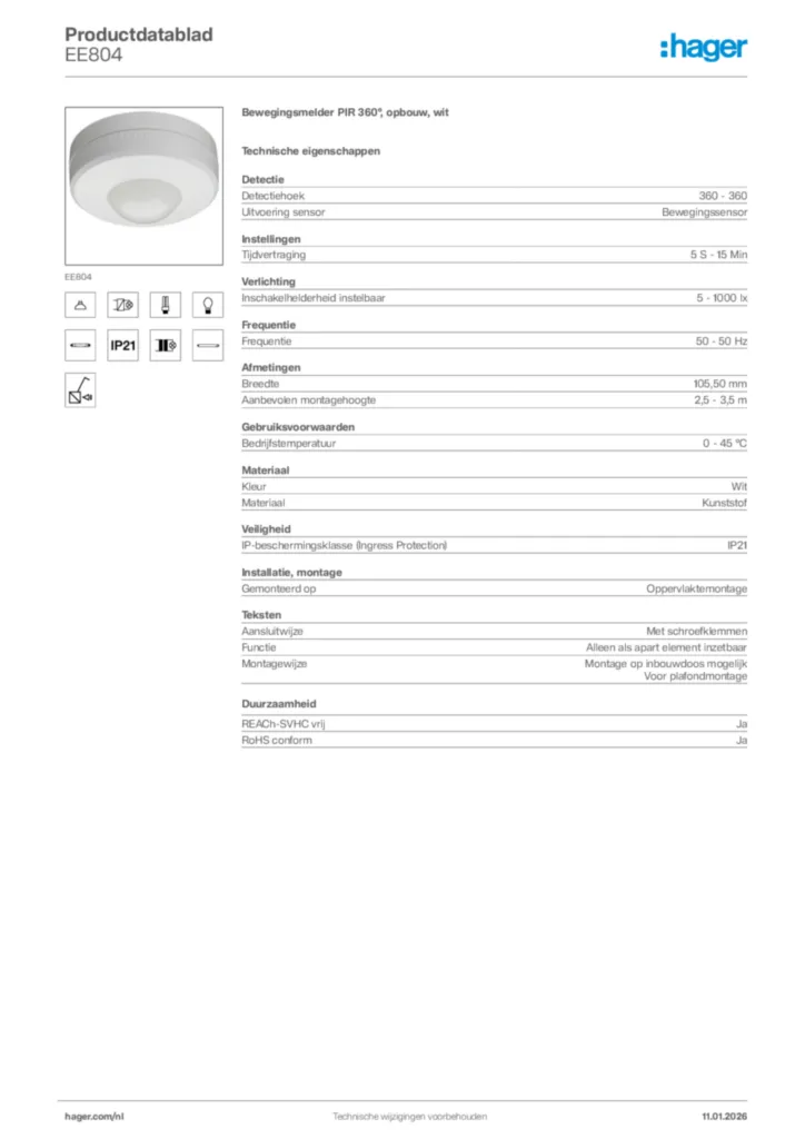 Afbeelding Hager Productdatablad EE804 | Hager Nederland
