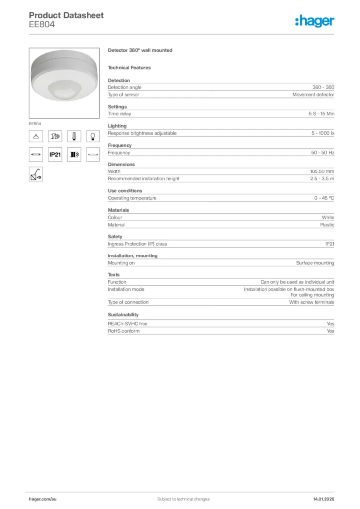 Image Hager Product data sheet EE804  | Hager Australia