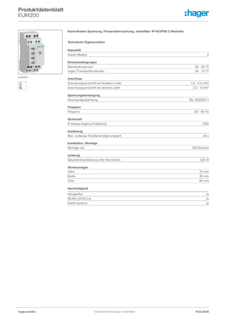 Bild Hager Produktdatenblatt EUM200 | Hager Deutschland