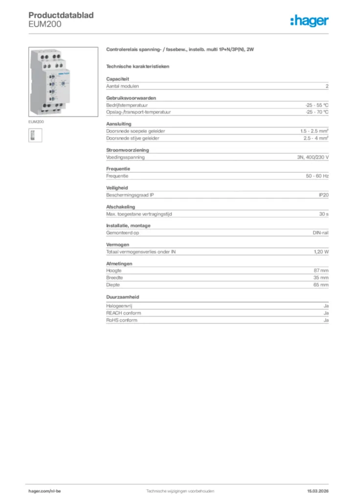 Afbeelding Hager Productdatablad EUM200 | Hager Belgium
