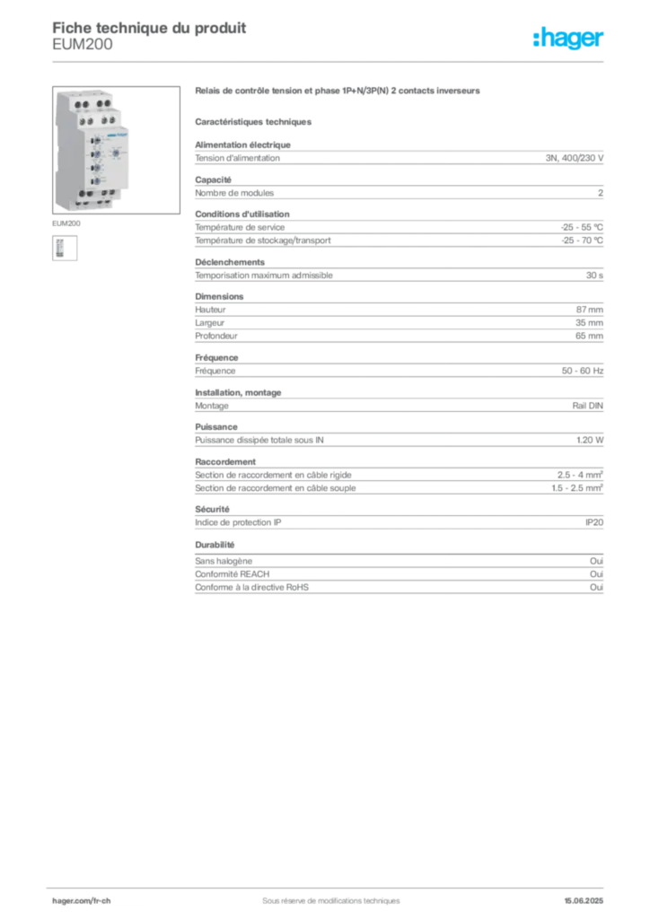Image Hager Fiche technique du produit EUM200 | Hager Suisse