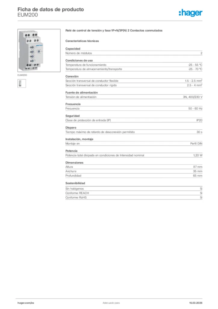 Imagen Hager Ficha de datos de producto EUM200 | Hager España