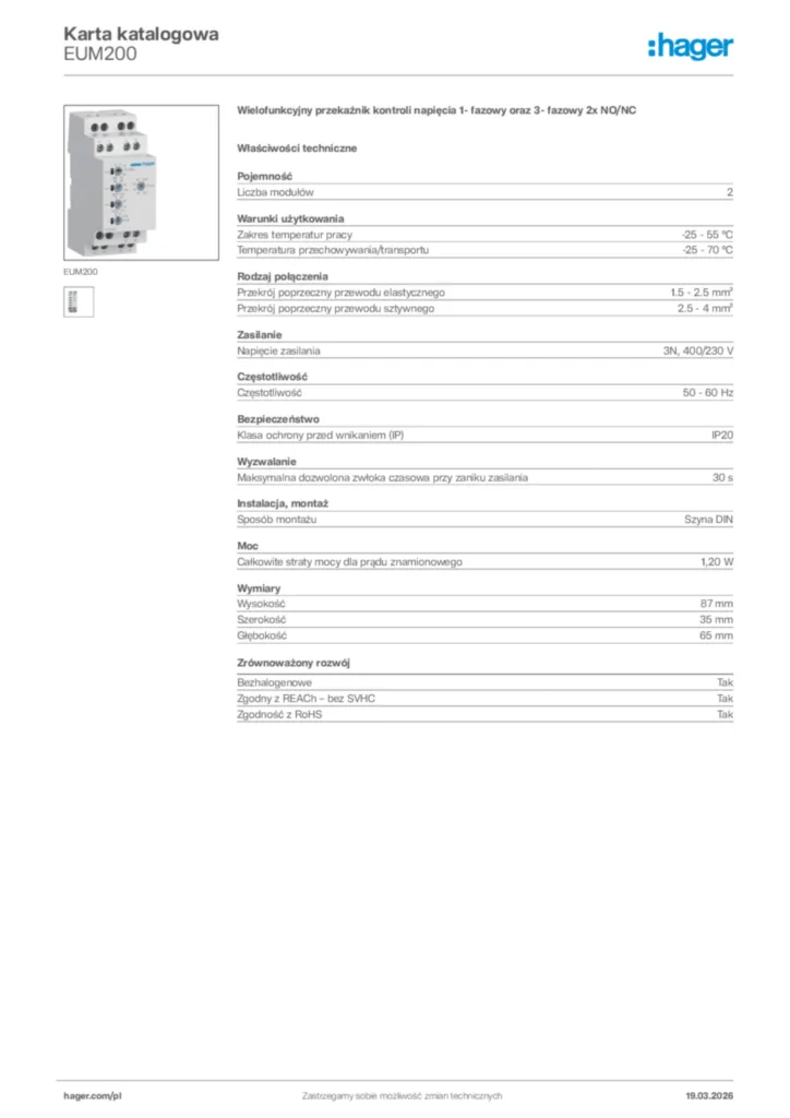 Zdjęcie Hager Karta katalogowa EUM200 | Hager Polska
