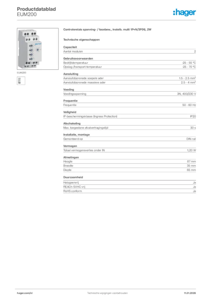 Afbeelding Hager Productdatablad EUM200 | Hager Nederland