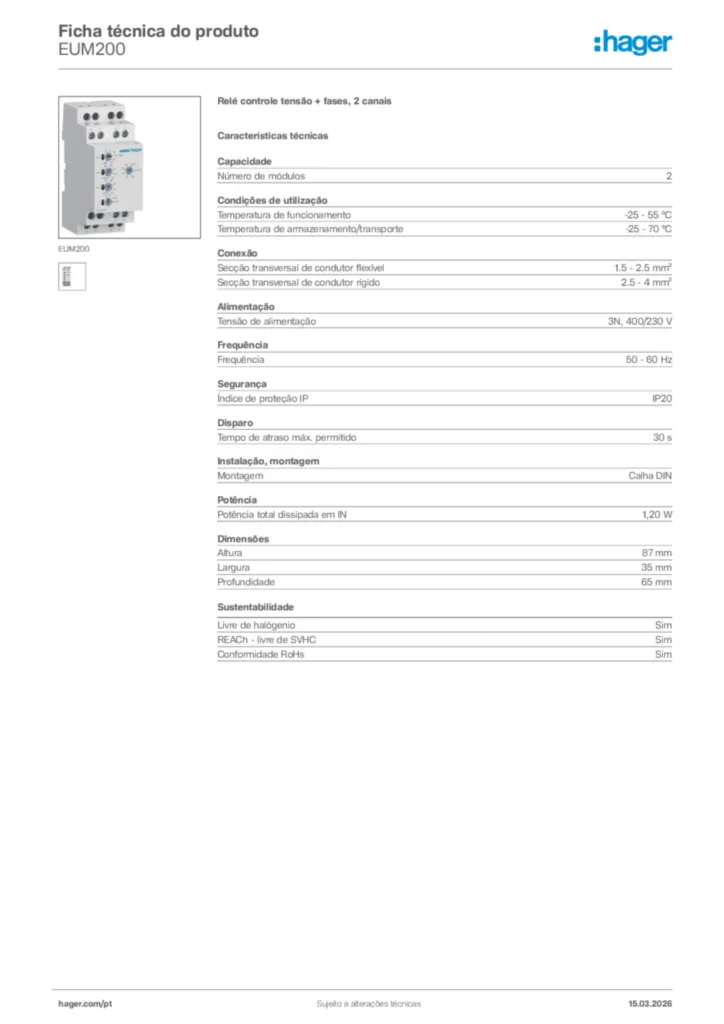 Imagem Hager Ficha técnica do produto EUM200 | Hager Portugal