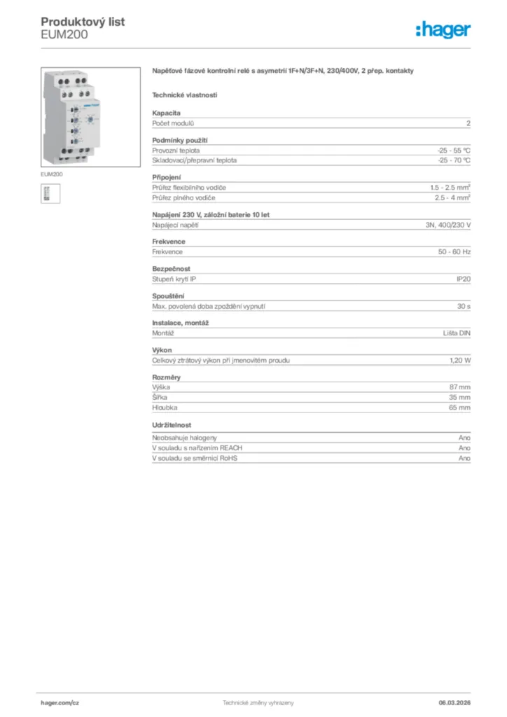 Obrázek Hager Product data sheet EUM200 | Hager