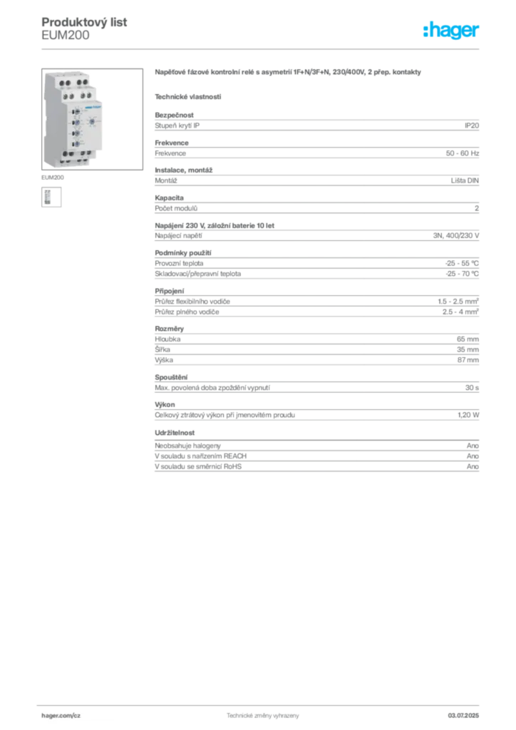 Obrázek Hager Produktový list EUM200 | Hager