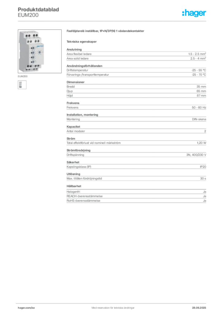 Bild Hager Produktdatablad EUM200 | Hager Sverige