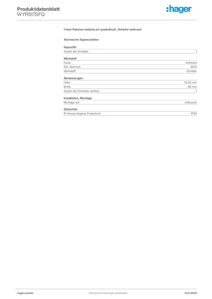 Bild Hager Produktdatenblatt WYR517SFQ | Hager Deutschland