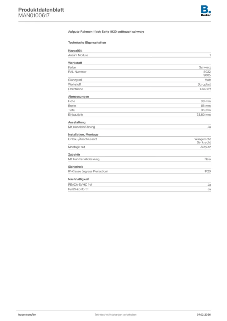 Bild Berker Produktdatenblatt MAN0100617 | Hager Deutschland
