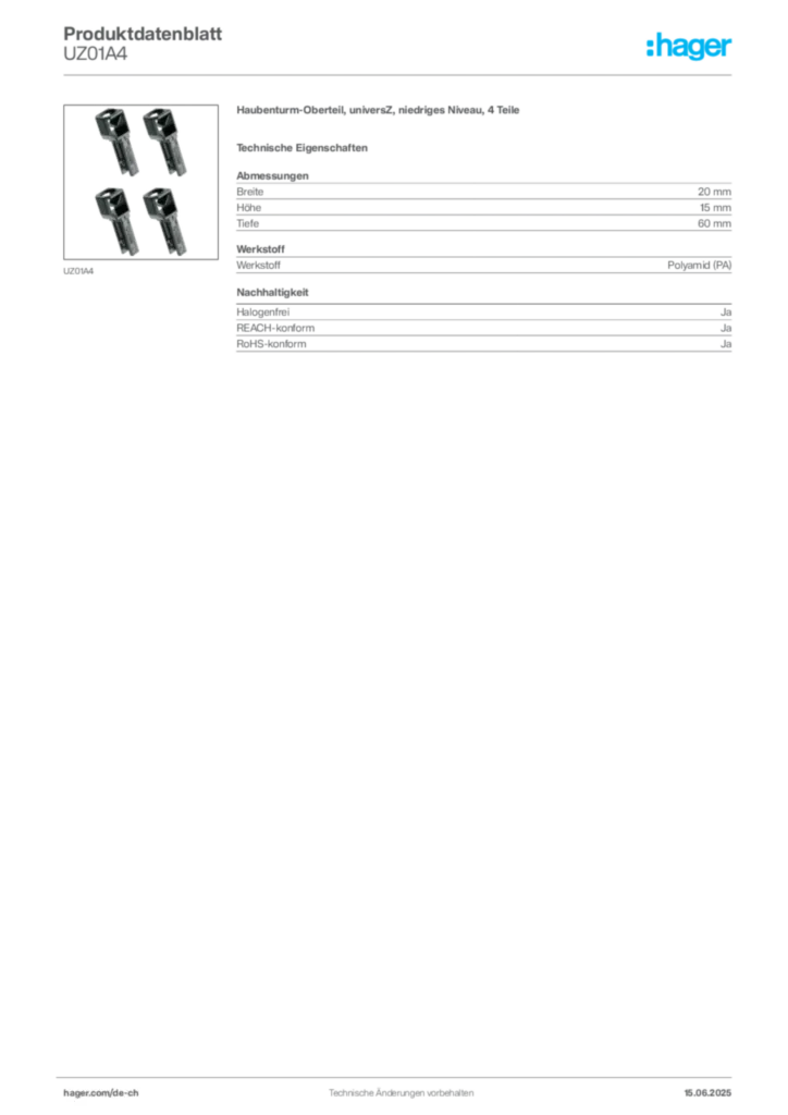 Bild Hager Produktdatenblatt UZ01A4 | Hager Schweiz