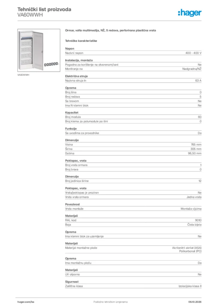 Slika Hager Tehnički list proizvoda VA60WWH  | Hager