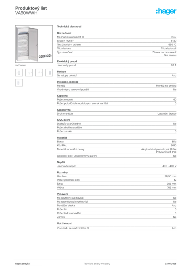 Obrázek Hager Produktový list VA60WWH | Hager