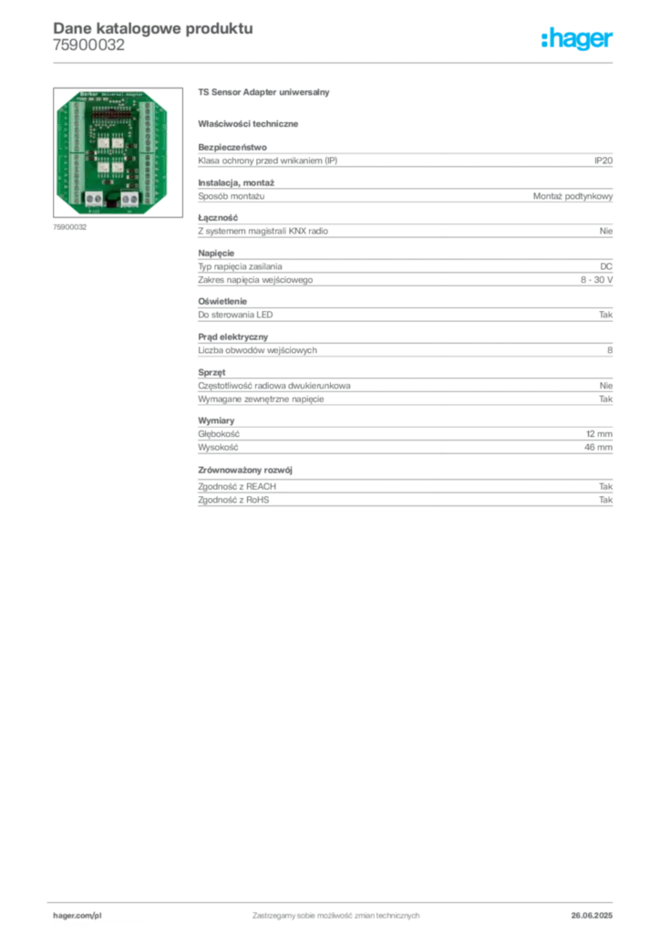 Zdjęcie Hager Dane katalogowe produktu 75900032 | Hager Polska
