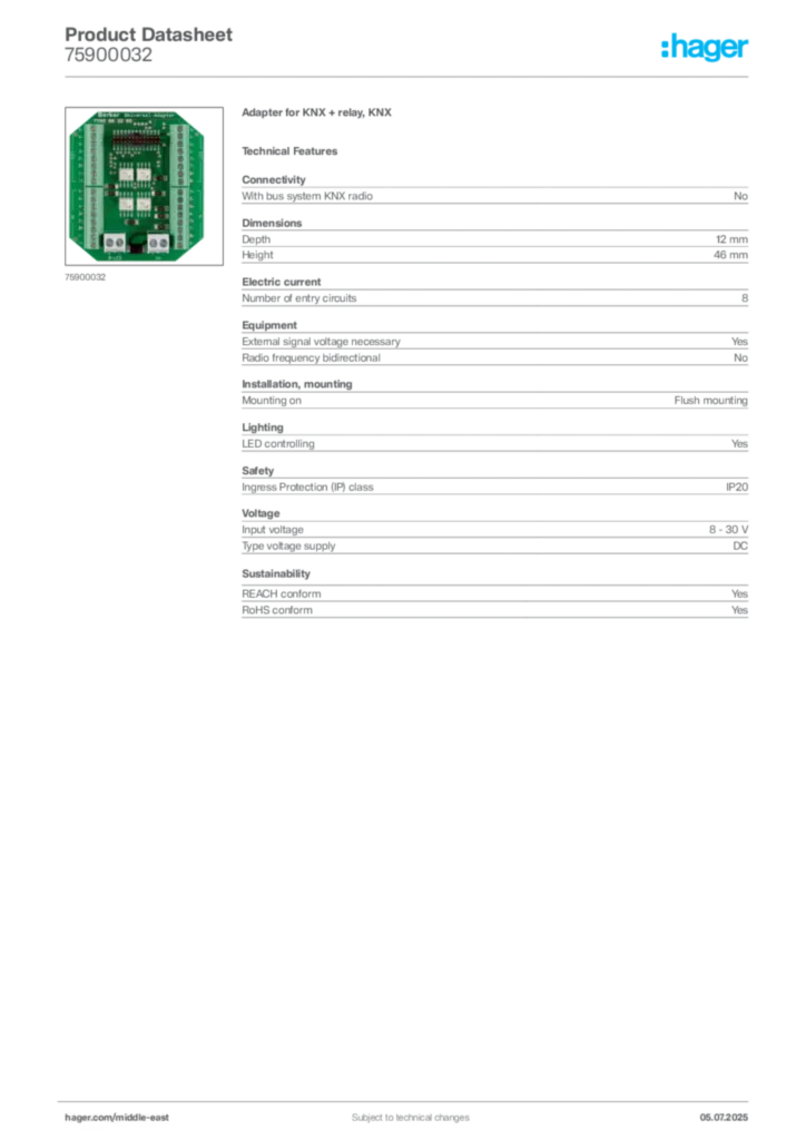Image Hager Product data sheet 75900032  | Hager