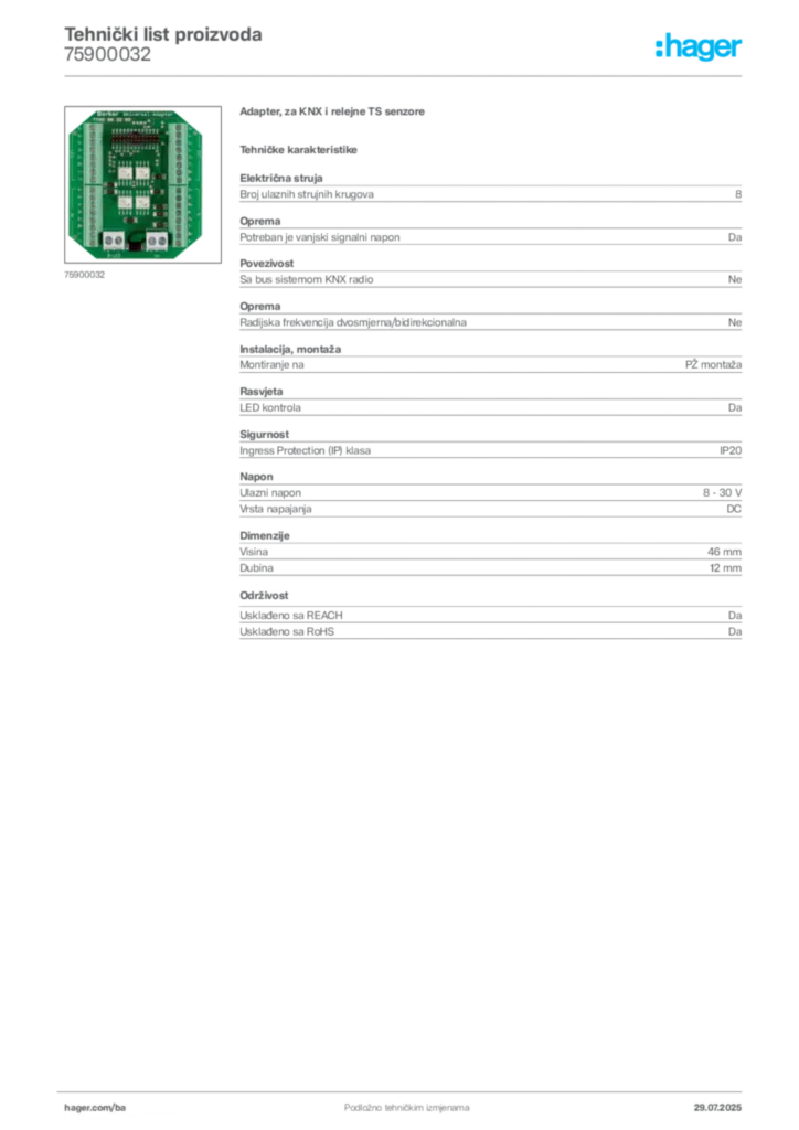 Slika Hager Product data sheet 75900032  | Hager