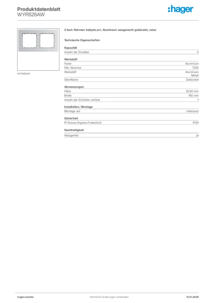 Bild Hager Produktdatenblatt WYR526AW | Hager Deutschland