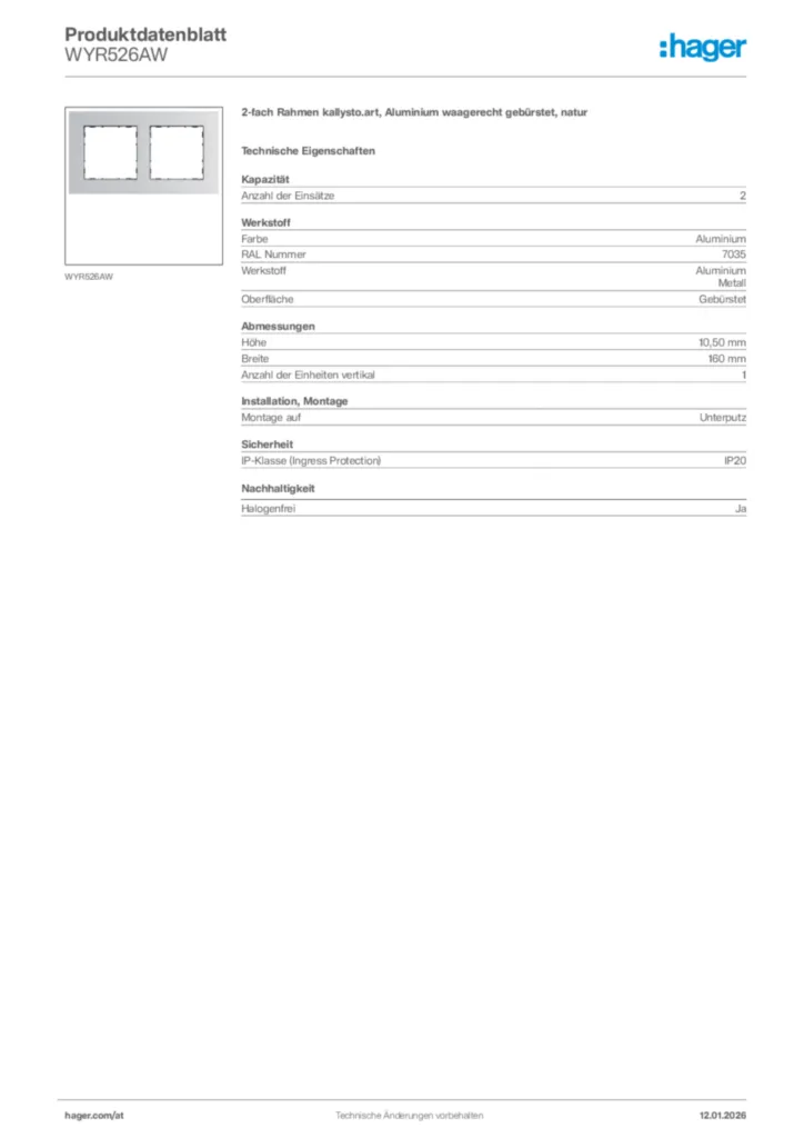 Bild Hager Produktdatenblatt WYR526AW | Hager Deutschland