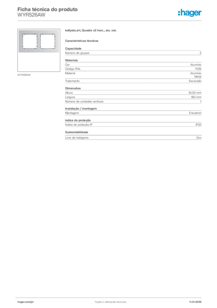 Imagem Hager Ficha técnica do produto WYR526AW | Hager Portugal
