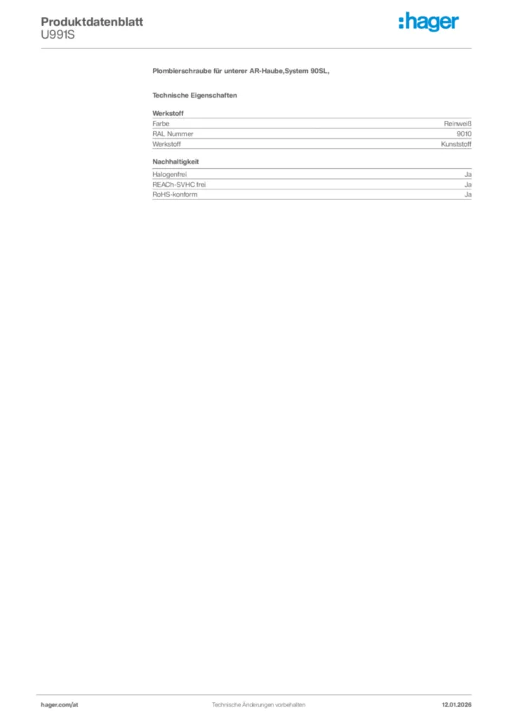 Bild Hager Produktdatenblatt U991S | Hager Deutschland