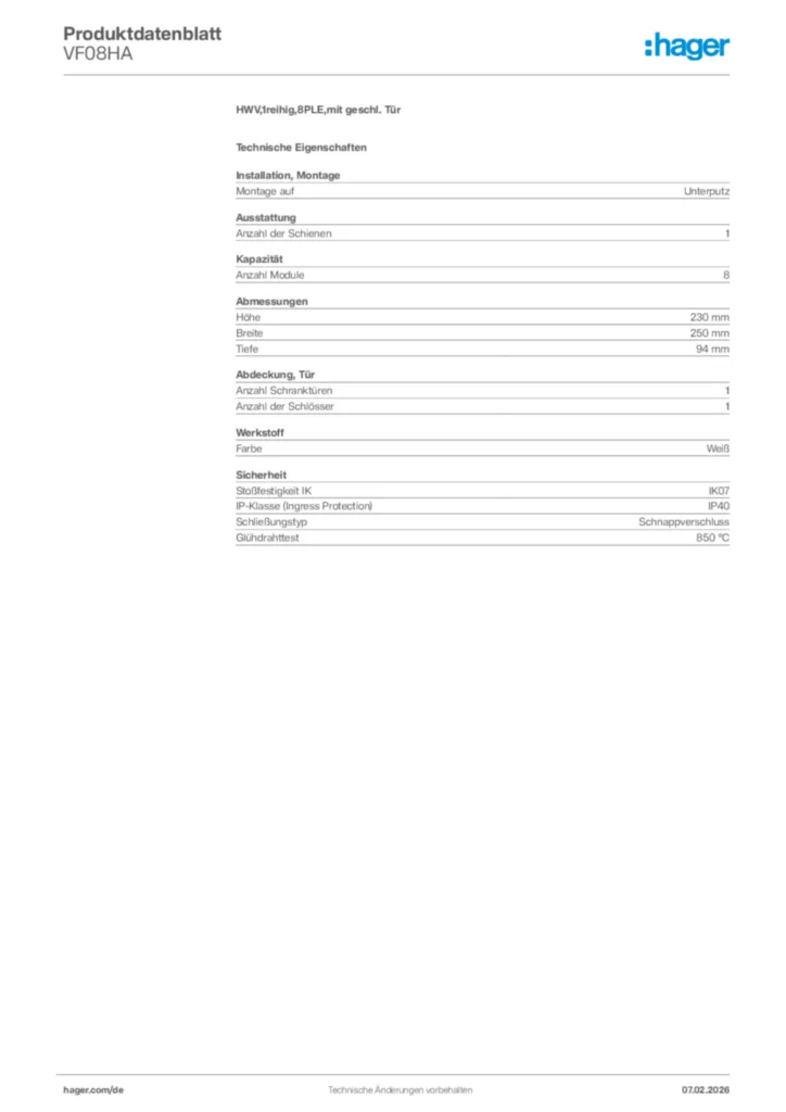 Bild Hager Produktdatenblatt VF08HA | Hager Deutschland