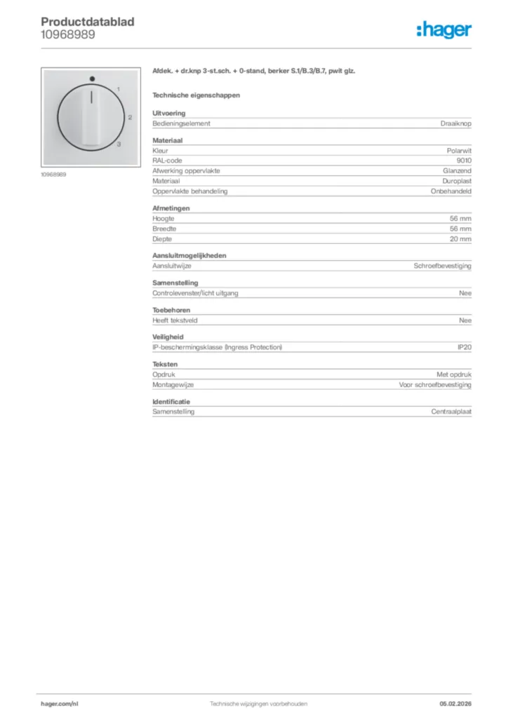 Afbeelding Hager Productdatablad 10968989 | Hager Nederland