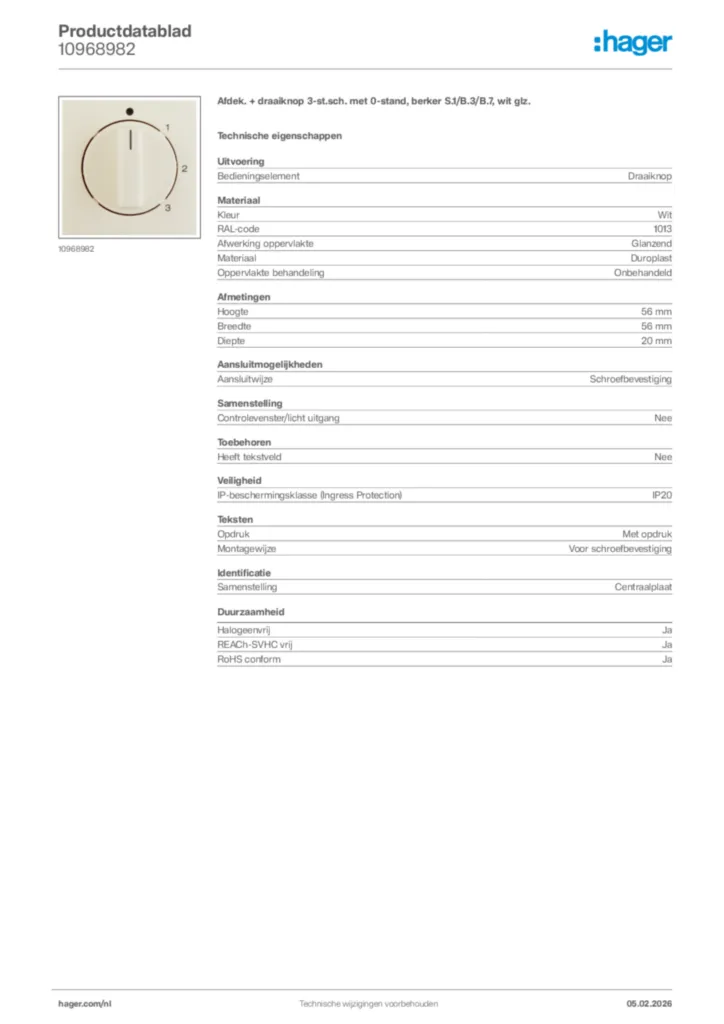 Afbeelding Hager Productdatablad 10968982 | Hager Nederland