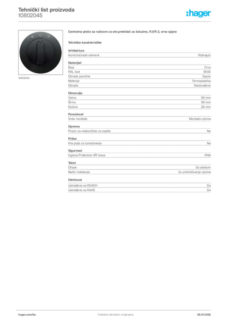 Slika Hager Product data sheet 10802045  | Hager