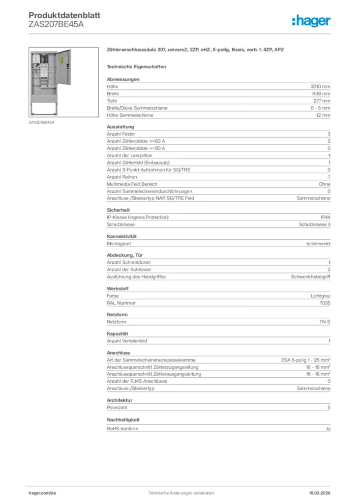Bild Hager Produktdatenblatt ZAS207BE45A | Hager Deutschland