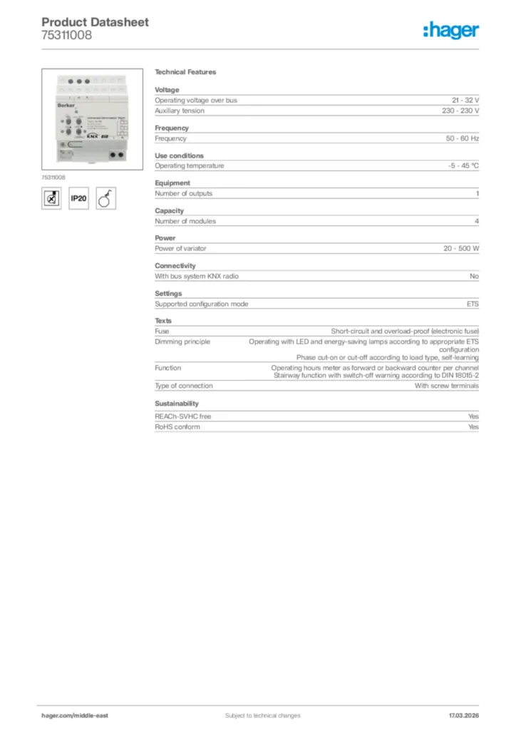 Image Hager Product data sheet 75311008  | Hager