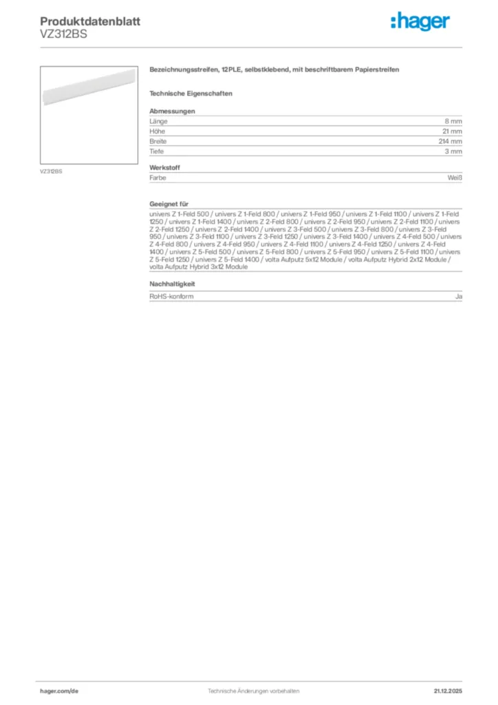 Bild Hager Produktdatenblatt VZ312BS | Hager Deutschland