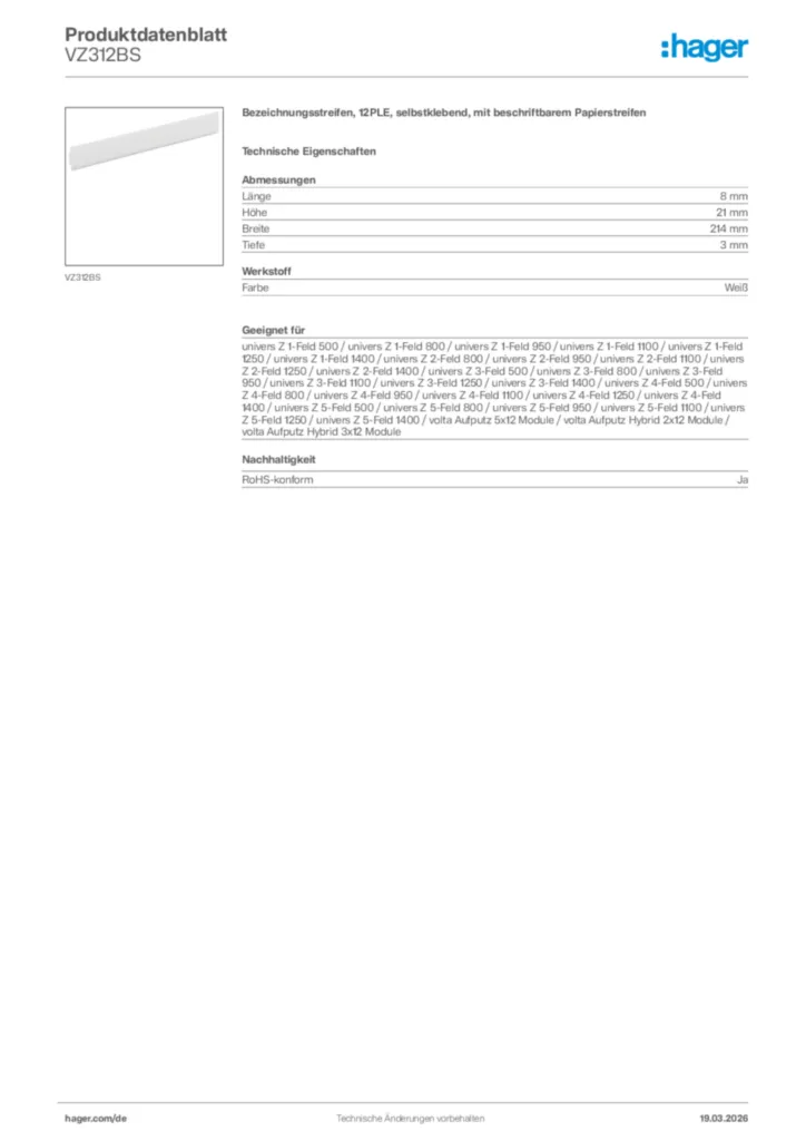 Bild Hager Produktdatenblatt VZ312BS | Hager Deutschland