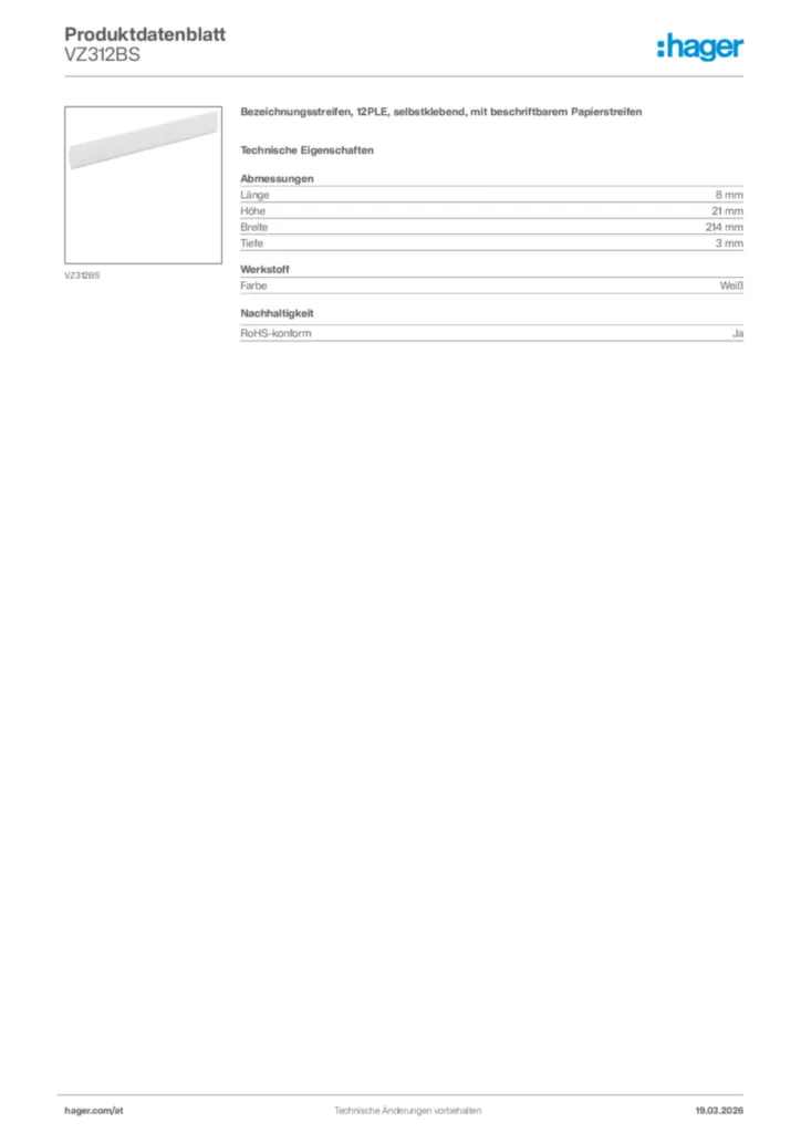 Bild Hager Produktdatenblatt VZ312BS | Hager Deutschland